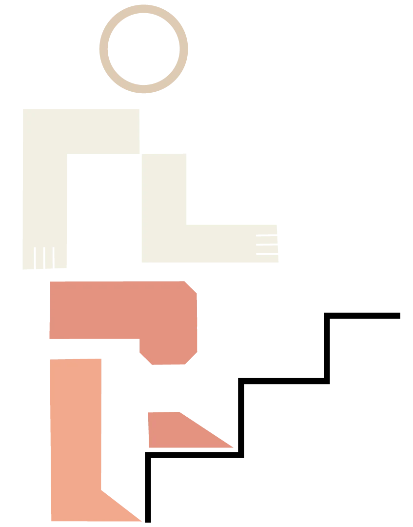 Flat geometric illustration of a person walking up a flight of stairs.